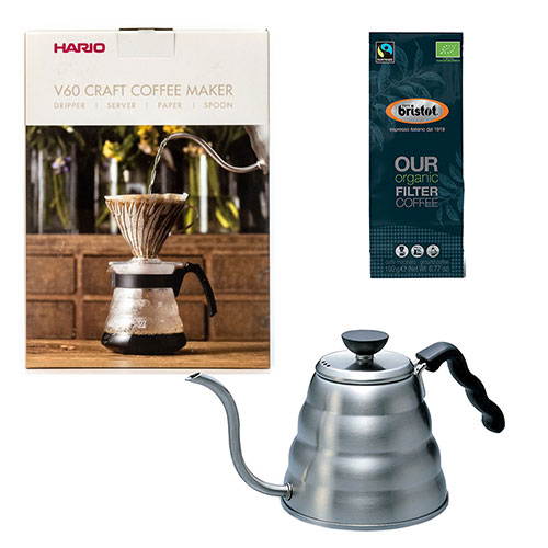 Hario V60 Craft Coffee Maker Kit + Hario Buono Waterketel 1.2 liter + Bristot OUR Biologische Filter Koffie